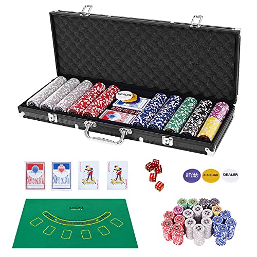GOPLUS Maletín de póker de aluminio profesional con 500 fichas y 2 juegos de tarjetas, 3 dealers, 1 alfombra, juego de póker de estilo casino, juego de póker para casa y casino (negro)