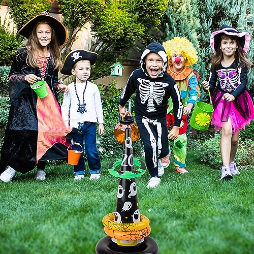 Halloween Juego Lanzamiento Anillos,Juego de Lanzamiento de Anillos de Sombrero de Bruja con arañas inflables para niños, Fiesta de Halloween para Interiores y Exteriores