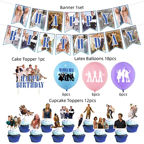 HANGHANG Suministros de fiesta de cumpleaños de Mamma Mia, decoraciones de Mamma Mia incluyen pancarta, decoración para tartas, globos para niños, baby shower, suministros de fiesta de cumpleaños