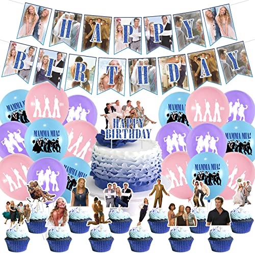 HANGHANG Suministros de fiesta de cumpleaños de Mamma Mia, decoraciones de Mamma Mia incluyen pancarta, decoración para tartas, globos para niños, baby shower, suministros de fiesta de cumpleaños