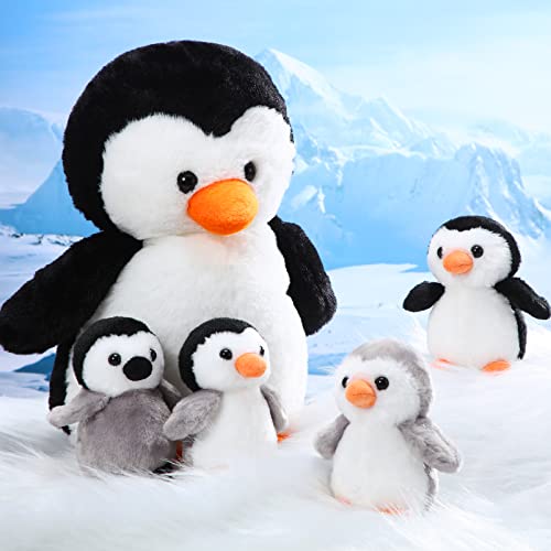 Harrycle 5 Piezas Set de Juguete de Peluche de Pingüino 1 Peluche de Pingüino de Mamá con 4 Lindos Bebés en Vientre Animal de Peluche de Pingüino de 35 cm Suave Tierno para Niños Regalo Cumpleaños