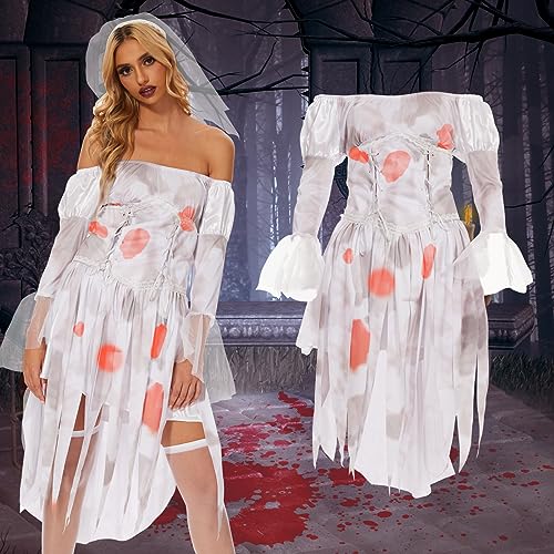 Herenear Vestido de Novia Zombie Fantasma, Disfraz de Novia Zombie para Mujer, Halloween Horror Zombie Vestido de Novia, Traje de Disfraces de Novia para Halloween Cosplay (XL)