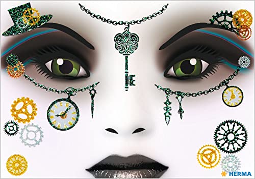 HERMA 15438 - Pegatinas de arte facial Steampunk Amelia, dermatológicamente probadas, despegables, tatuajes temporales, pintura de cara con purpurina para carnaval, Halloween, niños y adultos