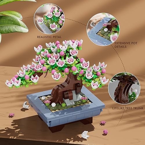HOGOKIDS Juego de construcción de árbol bonsái, modelo de planta de flores de cerezo, colección botánica, decoración del hogar, arte de oficina, juguete creativo de bloques de construcción, regalo