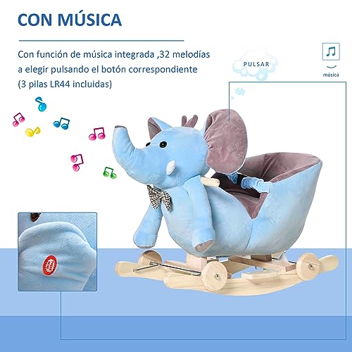 HOMCOM Caballito Balancín con Ruedas Forma de Elefante Caballo Balancín para Bebés de +18 Meses con Músicas Infantiles y Cinturón de Seguridad Carga 60 kg 60x35x45 cm Azul