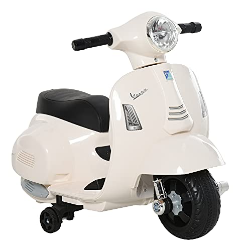 HOMCOM Moto Eléctrica Vespa para Niños de 18-36 Meses con Faro Bocina y 4 Ruedas Motocicleta Infantil con Licencia 66,5x38x52 cm Blanco