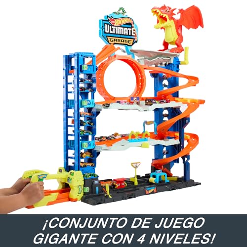 Hot Wheels City Garaje definitivo Pista para coches de juguete con dragón y 4 niveles, incluye 2 vehículos, +4 años (Mattel HKX48)