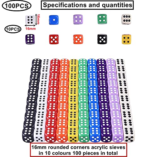 HUAZIZ 100 Piezas Dados (6 Caras,16mm),Esquinas Redondeadas Coloridos Dados para Juegos de Dados, Anza de Matemática, Regalos, Party Favor - 10 Colores