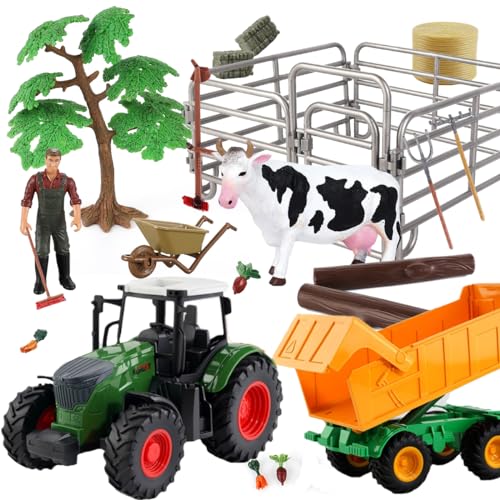 Hyrenee Juego de tractor de granja juguete conjunto tractor con remolques basculantes camiones vehículos granjero vaca para niños 3 4 5 6 años hacia arriba