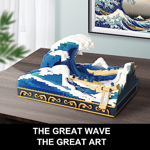 Iconos de Ladrillos de construcción Decoración artística: PANTASY Hokusai Kanagawa Juego de Bloques de construcción para Adultos Compatible con Lego The Great Wave Ideas Japanese Ocean Canvas Flower