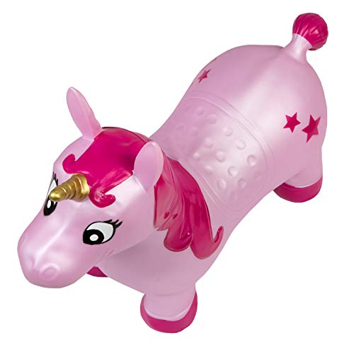 Idena 40133 - Caballo hinchable unicornio rosa con estrellas, incluye bomba de aire, puede soportar hasta 50 kg, optimo para el interior y el exterior, en el parque o la guardería,59 x 23 x 53 cm