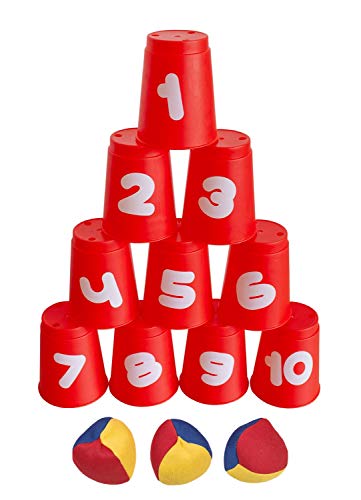 Idena 40416 - Juego de lanzamiento de bolas con 10 vasos y 3 bolas, a partir de 3 años, para fiestas de cumpleaños, en el jardín o en el parque