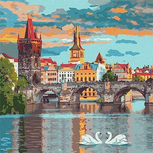 IDEYKA Pintura por Números Praga por la Noche 40 x 40 cm Paisaje con Marco de Madera
