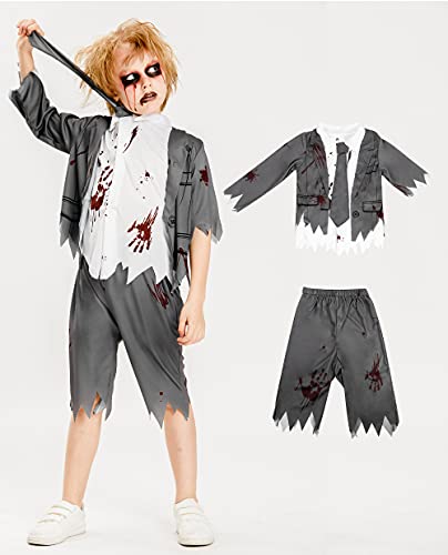 IKALI Zombie Disfraz escolar para niños Halloween Vestido de fiesta temático para estudiantes de terror Vestido de juego de rol para niños 3 piezas