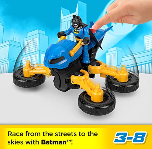 Imaginext DC Super Friends Batman y su Batcycle Figura con moto de juguete que se convierte en lanzador de discos, +3 años (Mattel HNX91)