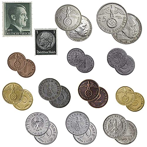 IMPACTO COLECCIONABLES Monedas de la Segunda Guerra Mundial - 12 Monedas más 2 Sellos Nazis acuñadas y emitidos Entre 1936 y 1945, el Dinero del Tercer Reich - Incluye Certificado de Autenticidad