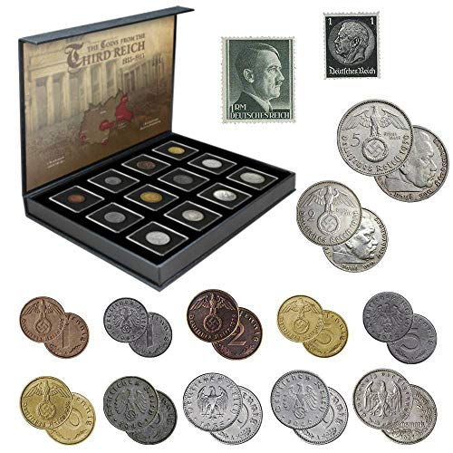 IMPACTO COLECCIONABLES Monedas de la Segunda Guerra Mundial - 12 Monedas más 2 Sellos Nazis acuñadas y emitidos Entre 1936 y 1945, el Dinero del Tercer Reich - Incluye Certificado de Autenticidad