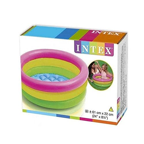 Intex 57107NP - Piscina Redonda hinchable 3 aros +base hinchable 61 x 22 cm, 28 l, Azul, rosa, verde, 1 a 3 años