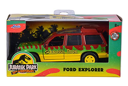 Jada- Jurassic Park Coche 4x4 Ford Explorer, Especial 30 Aniversario de la Película Original Parque Jurásico, Escala 1:32 (15cm), Metálico, Partes móviles, A partir de 8 Años (253252022)