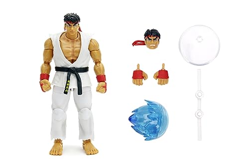 Jada - Street Fighter II Ryu, Figura Articulada 15cm, Con Manos y Cabeza Intercambiables, Accesorios y 20 Puntos Articulados (253252025)