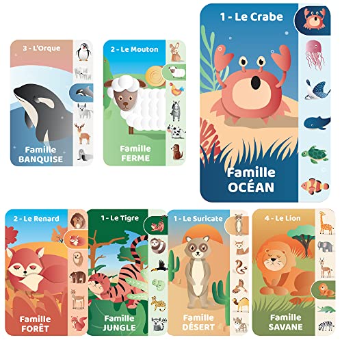 J.A.D.E - Juego de 7 Familias sobre el Tema de los Animales - Juego de Cartas - 142121-54 Cartas - Multicolor - Papel Cartón - Diseño Francés - Puzzle Infantil - Jade - A Partir de 4 años.