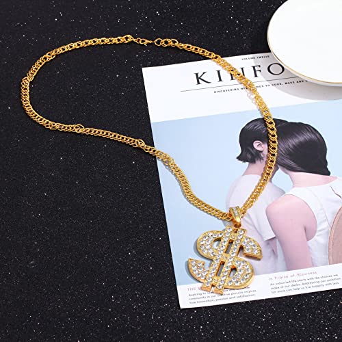 JKJF Collar con signo de dólar, conjunto de anillos de 80 y 90, collar de hip hop, cadena de oro para hombres y mujeres, suministros de cosplay de fiesta, oro (eRoot-JKJF-688)
