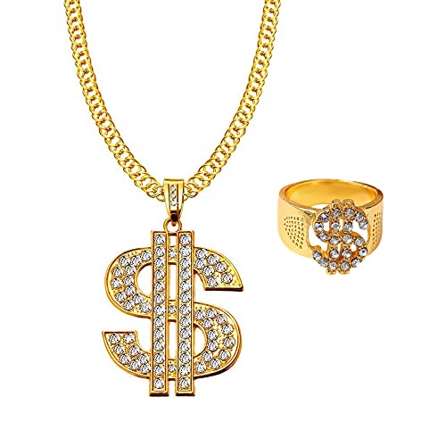 JKJF Collar con signo de dólar, conjunto de anillos de 80 y 90, collar de hip hop, cadena de oro para hombres y mujeres, suministros de cosplay de fiesta, oro (eRoot-JKJF-688)