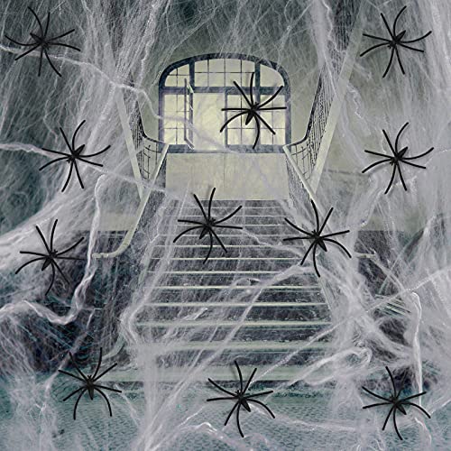 Joepen 1300 pies cuadrados falsos araña de Halloween decoraciones con 100 arañas falsas extras, superelástico araña web decoración para interiores y exteriores