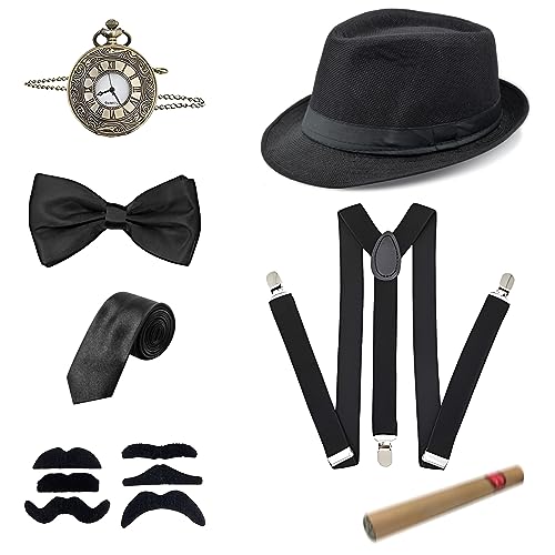 JOPHEK 1920s Gatsby Accesorios Hombre, 7pcs Accesorios Disfraz Años 20, Disfraz de Gatsby, con Sombrero de Panamá Tirantes Reloj de Bolsillo Pajarita Bigote Falso Corbatas para Carnaval