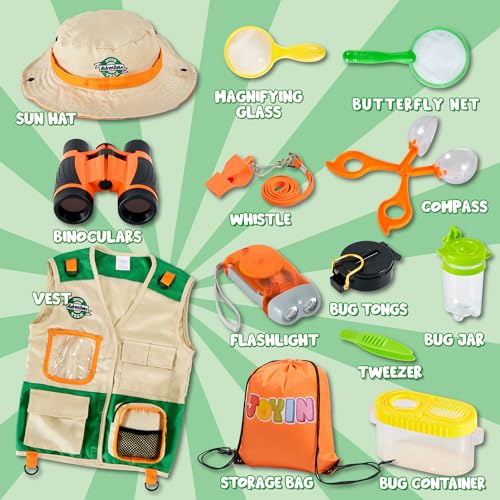 JOYIN Kit de Explorador al Aire Libre para Niños y Juguetes para Atrapar Insectos(Chaleco, Sombrero, binoculares, Linterna, Lupa y brújula) para Exploración en Interiores o Exteriores