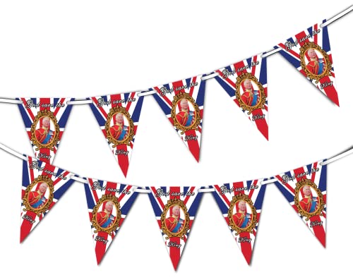 Juego de 15 banderines triangulares de God Save the King Charles the Third Union Jack - Su Majestad el Rey Real Ascent Coronation Celebration Decoración de pared o ventana