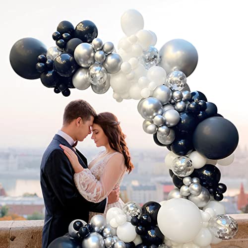 Juego de 187 globos para decoración de fiestas con globos de boda, plata, negro, blanco, confeti, decoración de Navidad, cumpleaños, helio, globos