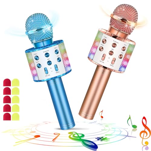 Juego de 2 Micrófono de Karaoke Inalámbrico Bluetooth Con Luces LED Portátil de Mano Para Cantar Karaoke Máquina de Altavoz Regalos Para Niños Adultos (Con 10 Cubiertas de Micrófono Desechables)