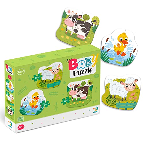 Juego de 3 puzles de 2, 3 o 4 piezas sobre animales de granja para niños de 2 años en adelante. Primeros regalos educativos para niños y niñas