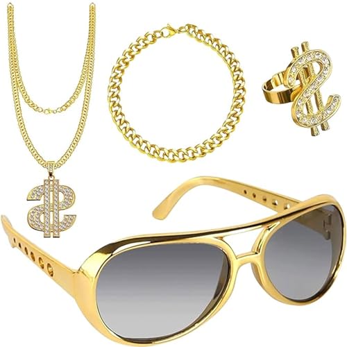 Juego de 4 cadenas de dólar, collar con símbolo de dólar, anillos, gafas de sol, cadena dorada, accesorios de carnaval, joyas para hombres de los años 80 y 90