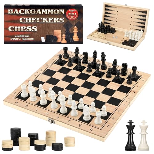 Juego de Ajedrez, 3 en 1 Ajedrez Madera Damas Backgammon, Portatil Plegable Tablero Ajedrez, Chess Board para Niños y Adultos Familiares Viaje - 29×29×2CM