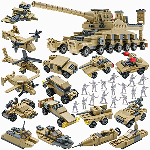 Juego de bloques de construcción de juguetes del ejército, crea un modelo de cañón alemán de Dora WW2 o 16 vehículos militares pequeños, con 20 juguetes de soldados, ideal para niños a partir de 6