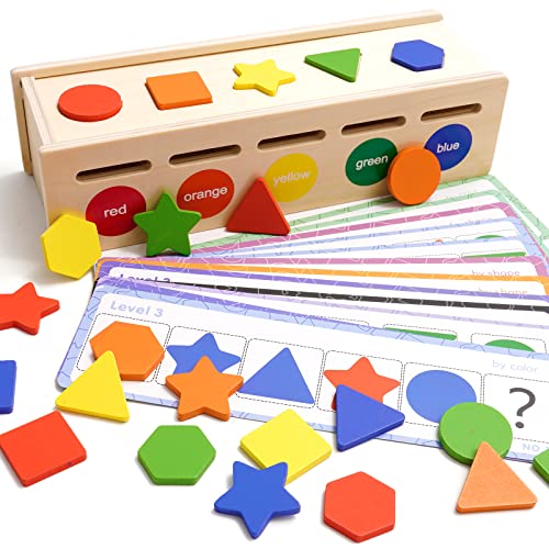 Juego de clasificación Juguetes Montessori con caja de almacenamiento para 2 3 4 años Clasificación de colores Juguete educativo de clasificación con 25 bloques geométricos y 12 tarjetas de prueba