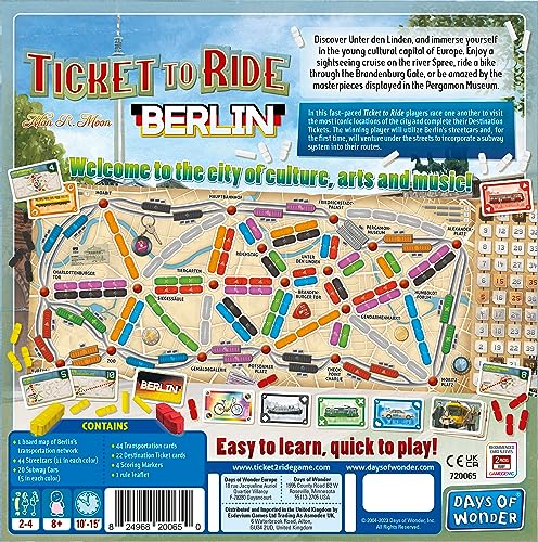 Juego de mesa Ticket to Ride Berlín,Juego de estrategia de construcción de rutas de tren,Tiempo promedio de juego de 10-15 minutos,Hecho por Days of Wonder