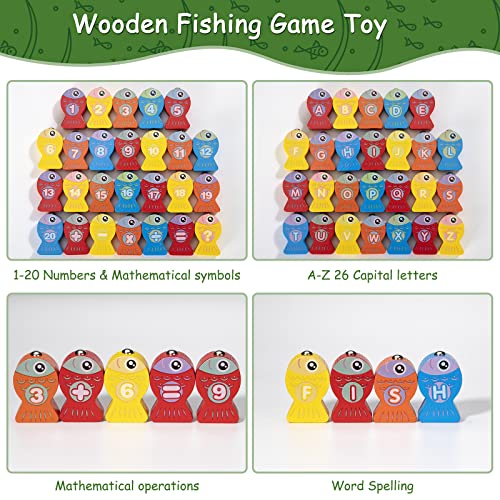Juego de Pesca de Madera Magnetico Montessori 2 3 4 5 Años 2 in 1 Juguete Educativos Puzzle, Cifras y Letras y Desarrollar la Motricidad de los Niños