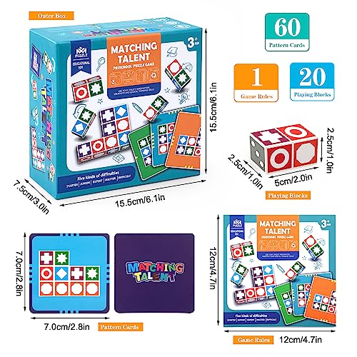 Juego de Rompecabezas de Madera, Puzzle Bloques Construcción de Madera, Juegos de Mesa con 20 Cubos 60 Cartas Montessori Educativos Juguete para Adultos y Niños 3+ Años