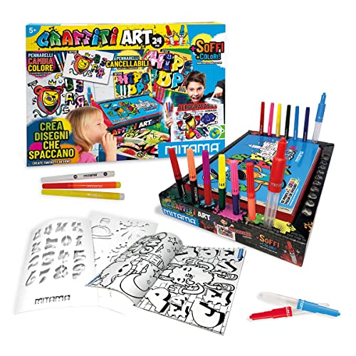 Juego MITAMA - Kits creativos - Graffiti Art- 24 unids - Desk Set 15 rotuladores mágicos aerógrafos + 6 plantillas+1 álbum+2 aerógrafos - Juegos creativos para niños, niñas - Juegos de formación