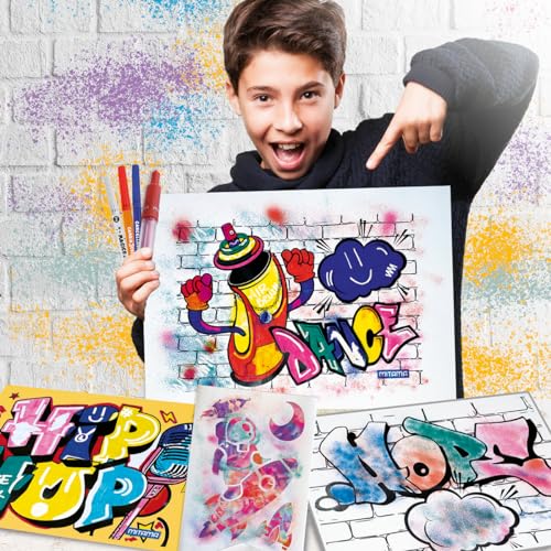 Juego MITAMA - Kits creativos - Graffiti Art- 24 unids - Desk Set 15 rotuladores mágicos aerógrafos + 6 plantillas+1 álbum+2 aerógrafos - Juegos creativos para niños, niñas - Juegos de formación