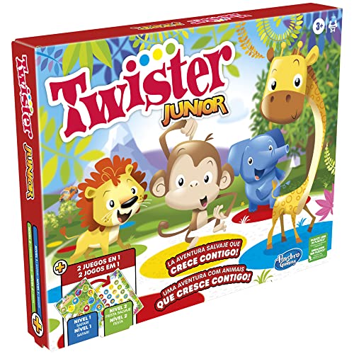 Juego Twister Junior - Aventura con animales - Tapete de 2 lados - 2 juegos en 1 - Juego de fiestas - Juego de interiores de 2 a 4 jugadores