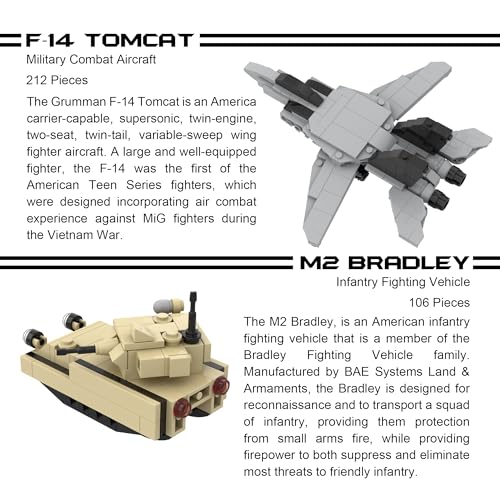 Juegos de Apóstrofes 5 Juegos de Bloques de Construcción Militares (728 Piezas) F/A-18 Hornet, Avión de Combate F-14 Tomcat, Helicóptero Apache AH-64, Tanque M2 Bradley y Humvee Avenger