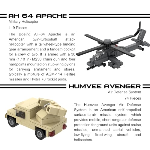 Juegos de Apóstrofes 5 Juegos de Bloques de Construcción Militares (728 Piezas) F/A-18 Hornet, Avión de Combate F-14 Tomcat, Helicóptero Apache AH-64, Tanque M2 Bradley y Humvee Avenger