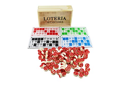 Juegos de Bingo Lotería 48 Cartones y 90 fichas de 2 Caras y Caja Almacenamiento de Madera .