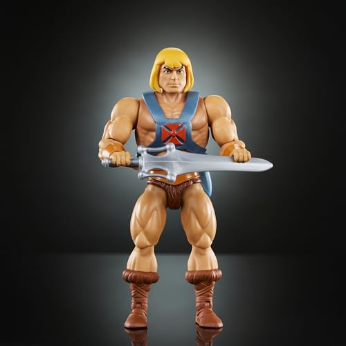 ​Juguete Masters of The Universe Origins, figura de acción He-Man de la colección de dibujos animados, héroe a escala de 5.5 pulgadas con arnés, 2 espadas y minicómics