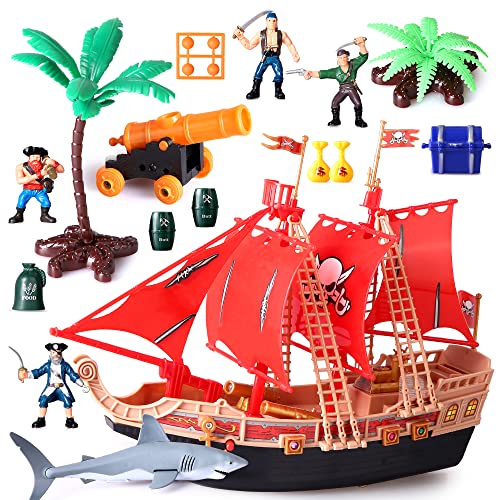 Juguetes de aventura barcos piratas infantiles con muñecas de Acción de plástico máquinas de juego barcos piratas con tiburones,barcos,cañones,árboles y otros accesorios regalos educativos 3-8 años