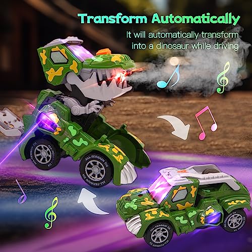 juguetes de Coche transformador de dinosaurio con pulverizador de niebla automático con música y luz Led, para niños de 3 a 5 años